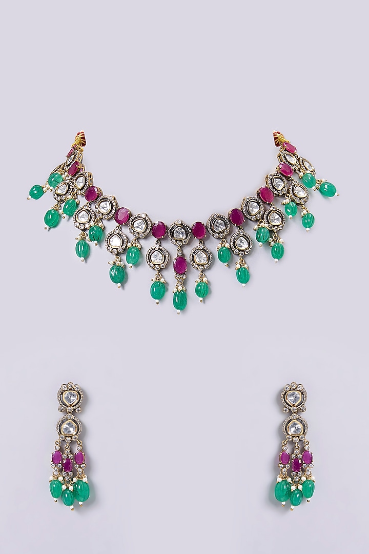 Gold Finish Kundan Polki & Multi-Colored Pearl Choker Necklace Set by Aura Trends at Pernia's Pop Up Shop