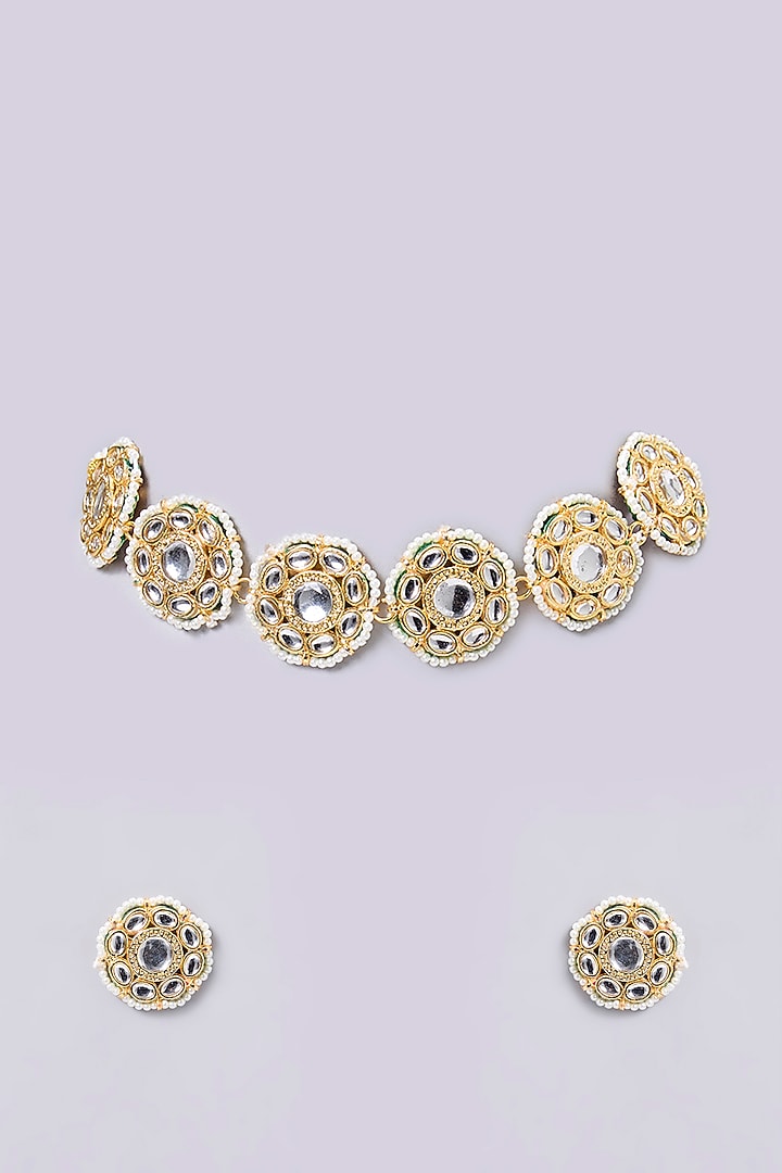 Gold Finish Kundan Beaded & Pearl Handcrafted Choker Necklace Set by Aura Trends at Pernia's Pop Up Shop