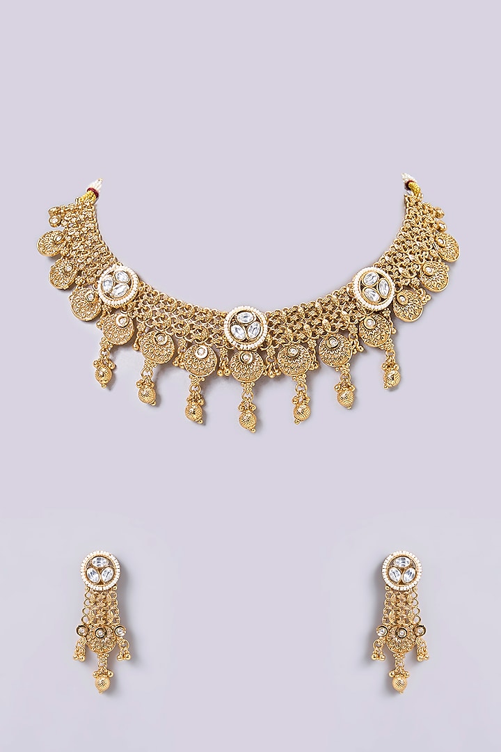 Gold Finish Kundan Polki Necklace Set by Aura Trends at Pernia's Pop Up Shop