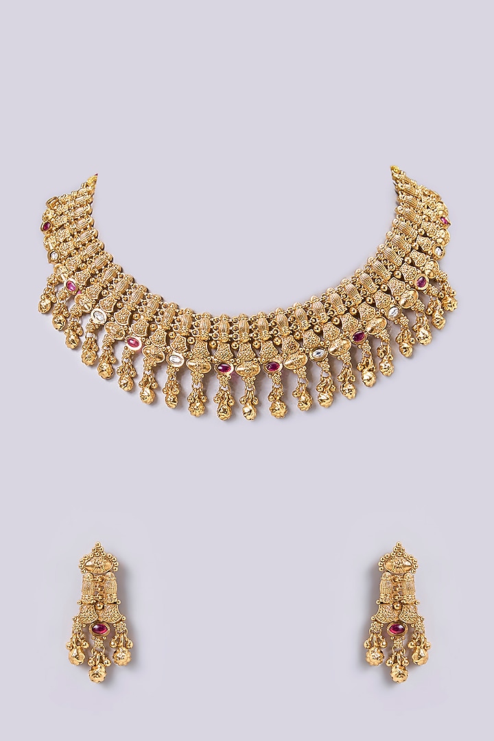 Gold Finish Kundan Polki Necklace Set by Aura Trends at Pernia's Pop Up Shop