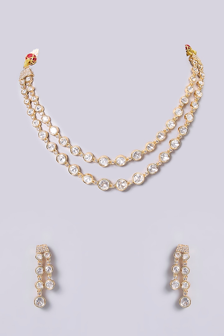 Gold Finish Kundan Polki Layered Necklace Set by Aura Trends at Pernia's Pop Up Shop