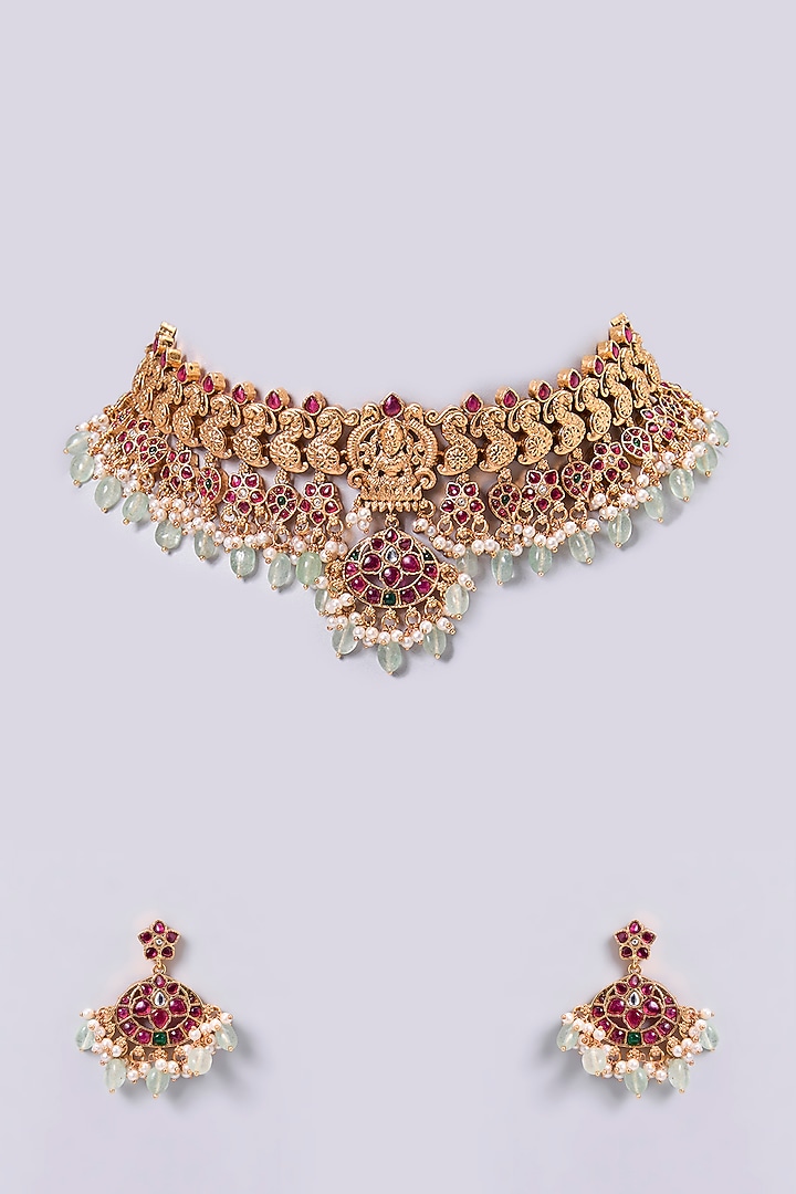 Gold Finish Kundan Polki Necklace Set by Aura Trends at Pernia's Pop Up Shop