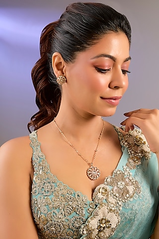 Gold Finish Kundan Polki Beaded Necklace Set by Aura Trends