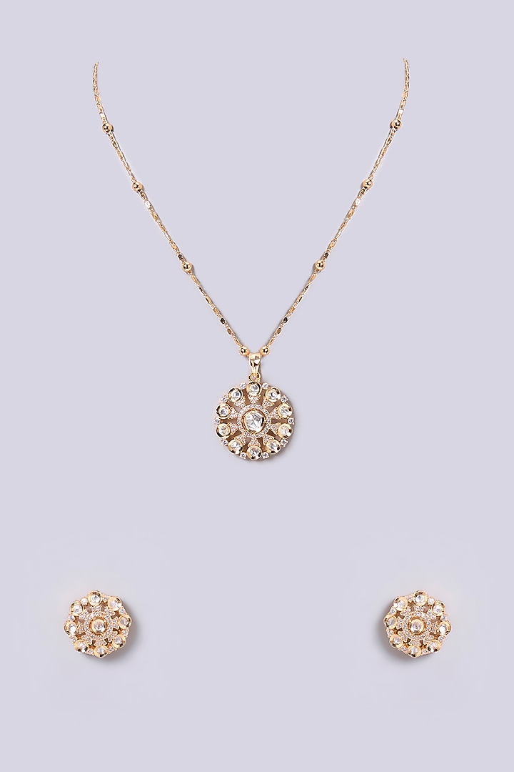 Gold Finish Kundan Polki Beaded Necklace Set by Aura Trends at Pernia's Pop Up Shop
