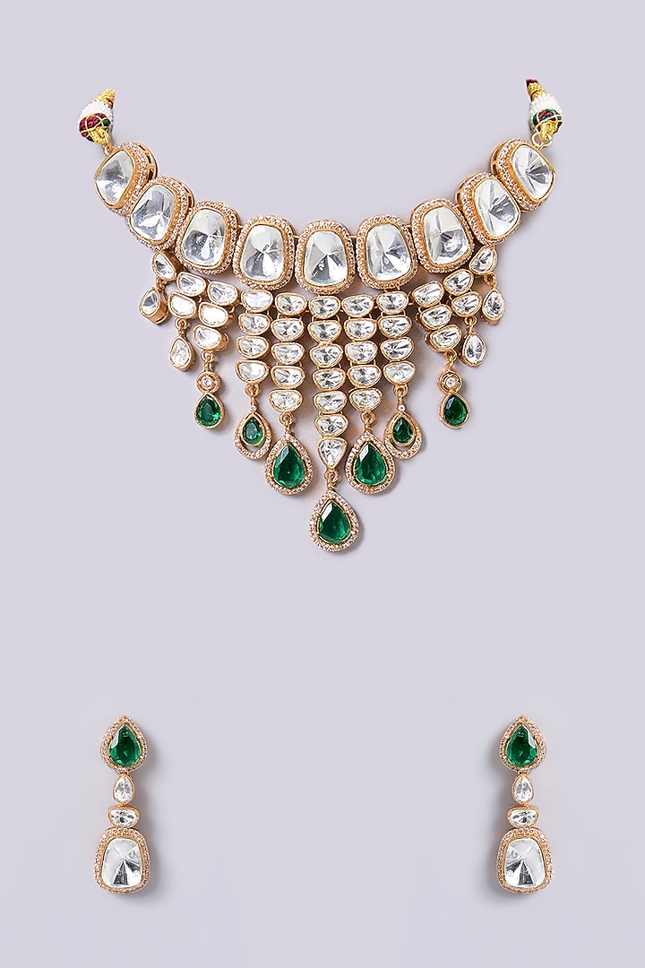 Gold Finish Kundan Polki Beaded Necklace Set by Aura Trends at Pernia's Pop Up Shop
