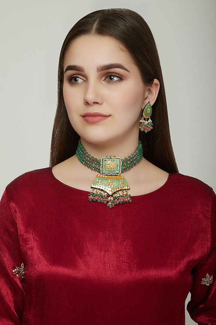 Gold Finish Meenakari Necklace Set by Auraa Trends