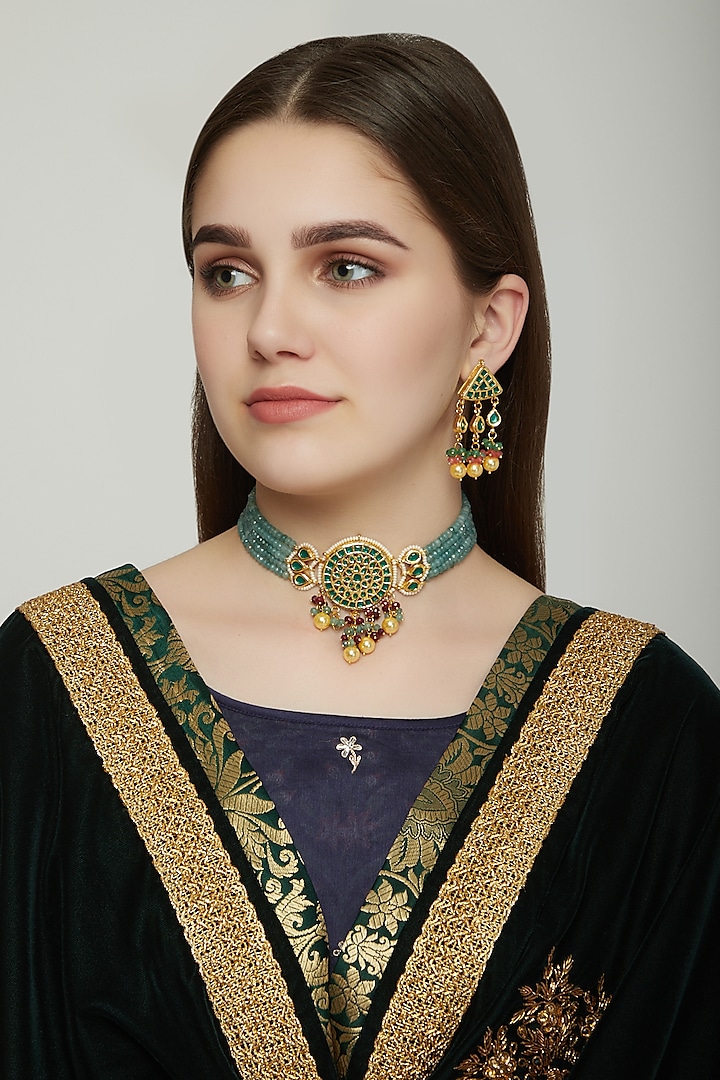 Gold Finish Blue Meenakari Necklace Set by Auraa Trends
