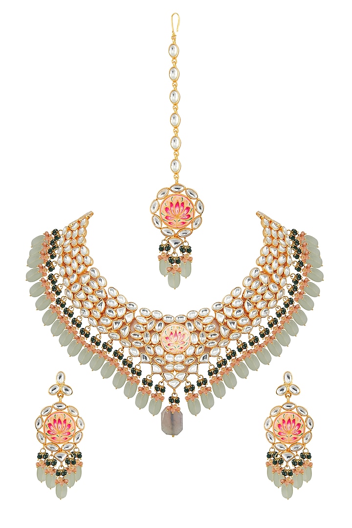 Gold Finish Grey Stone Necklace Set With Maang Tikka by Aura Trends at Pernia's Pop Up Shop