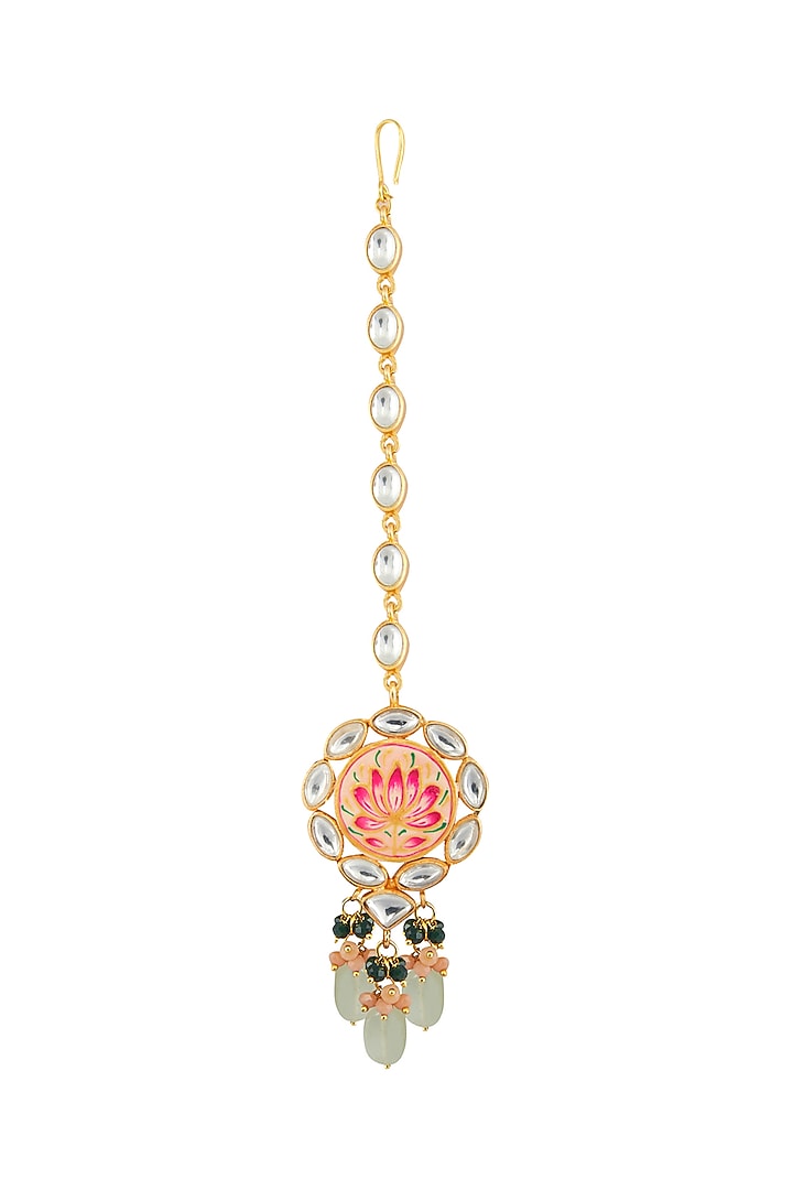 Gold Finish Grey Stone Necklace Set With Maang Tikka by Aura Trends at Pernia's Pop Up Shop