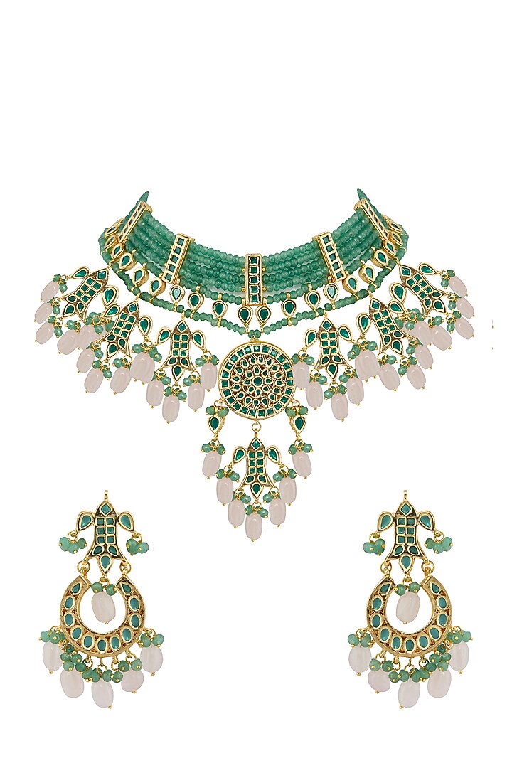 Gold Finish Pink Stone Necklace Set With Maang Tikka by Auraa Trends