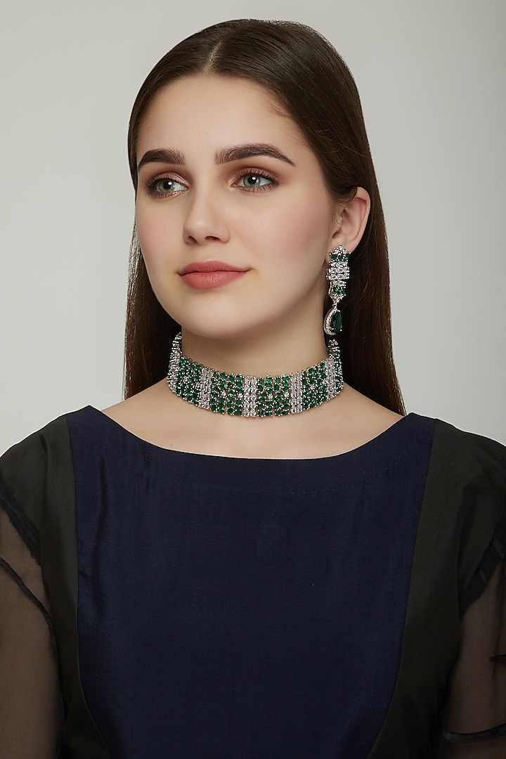 White Finish Diamond Choker Necklace Set by Auraa Trends