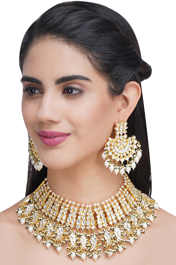 Gold Plated Kundan Polki & Pearls Necklace Set by Auraa Trends at Pernia's Pop Up Shop
