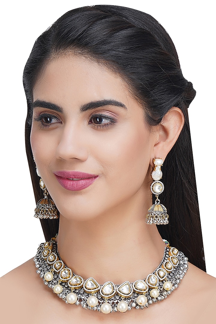 Two Tone Finish Kundan Polki Necklace Set by Aura Trends at Pernia's Pop Up Shop