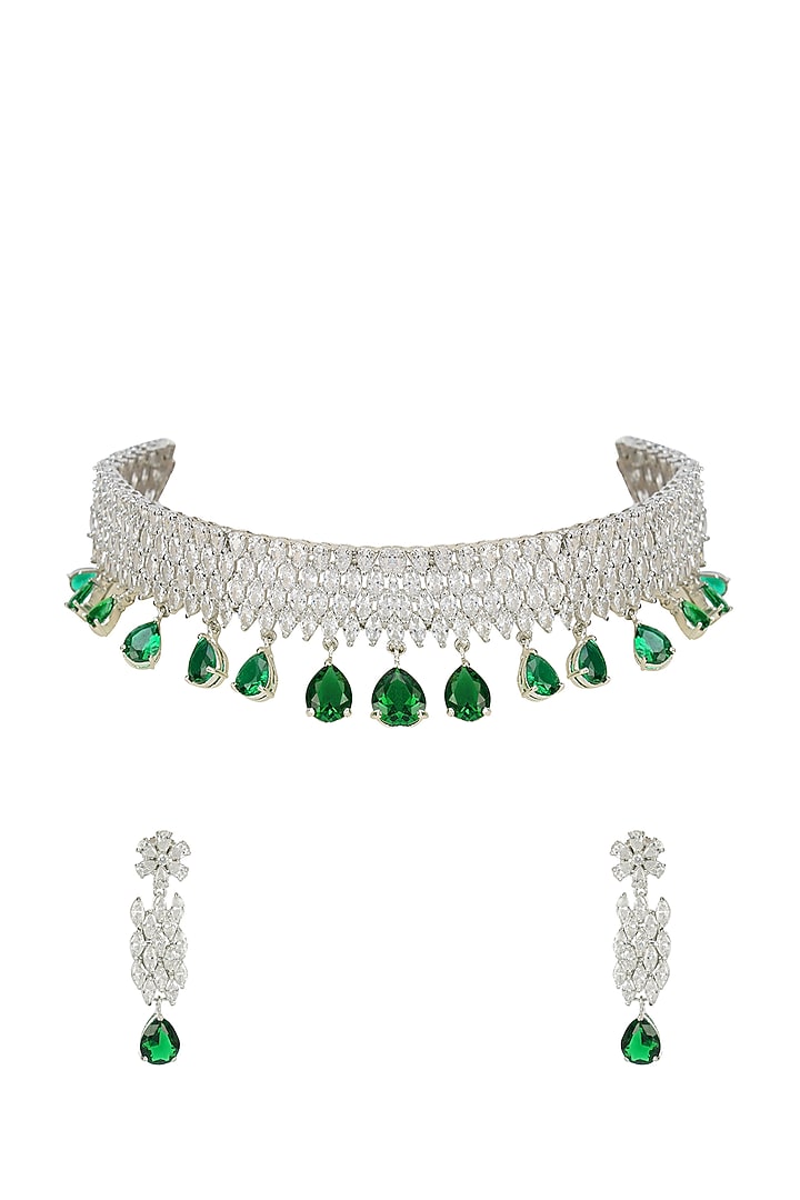 Silver Finish Green Semi Precious Stone Choker Necklace Set by Aura Trends at Pernia's Pop Up Shop