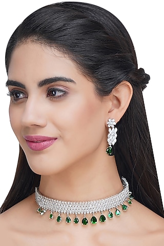Silver Finish Green Semi Precious Stone Choker Necklace Set by Aura Trends