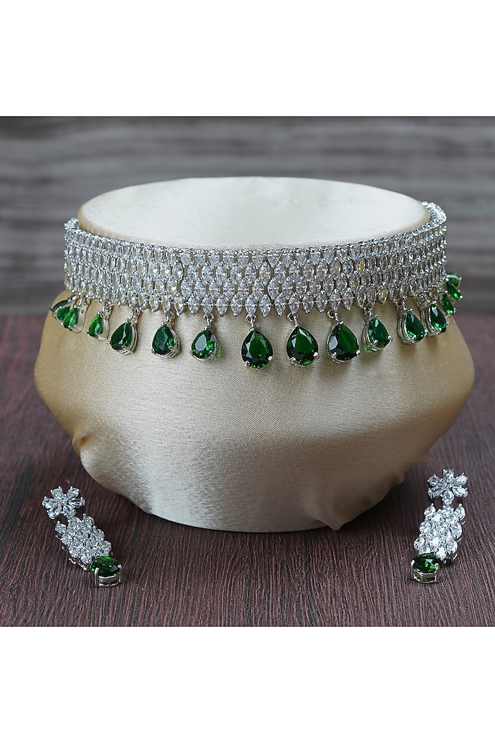 Silver Finish Green Semi Precious Stone Choker Necklace Set by Aura Trends at Pernia's Pop Up Shop