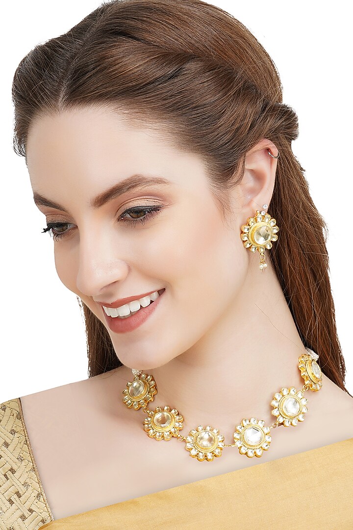 Gold Plated Kundan Polki & Pearls Necklace Set by Aura Trends at Pernia's Pop Up Shop