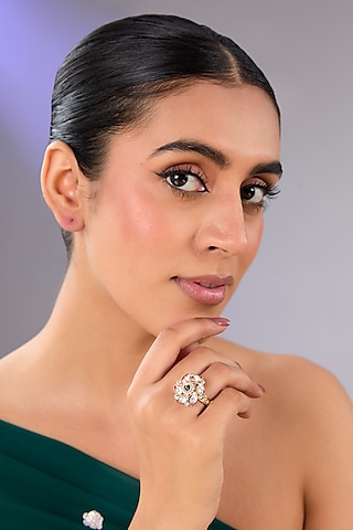 Gold Finish Kundan Polki & Emerald Green Stone Ring by Aura Trends