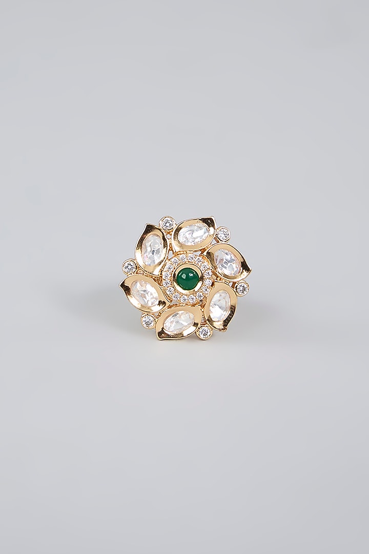 Gold Finish Kundan Polki & Emerald Green Stone Ring by Aura Trends at Pernia's Pop Up Shop