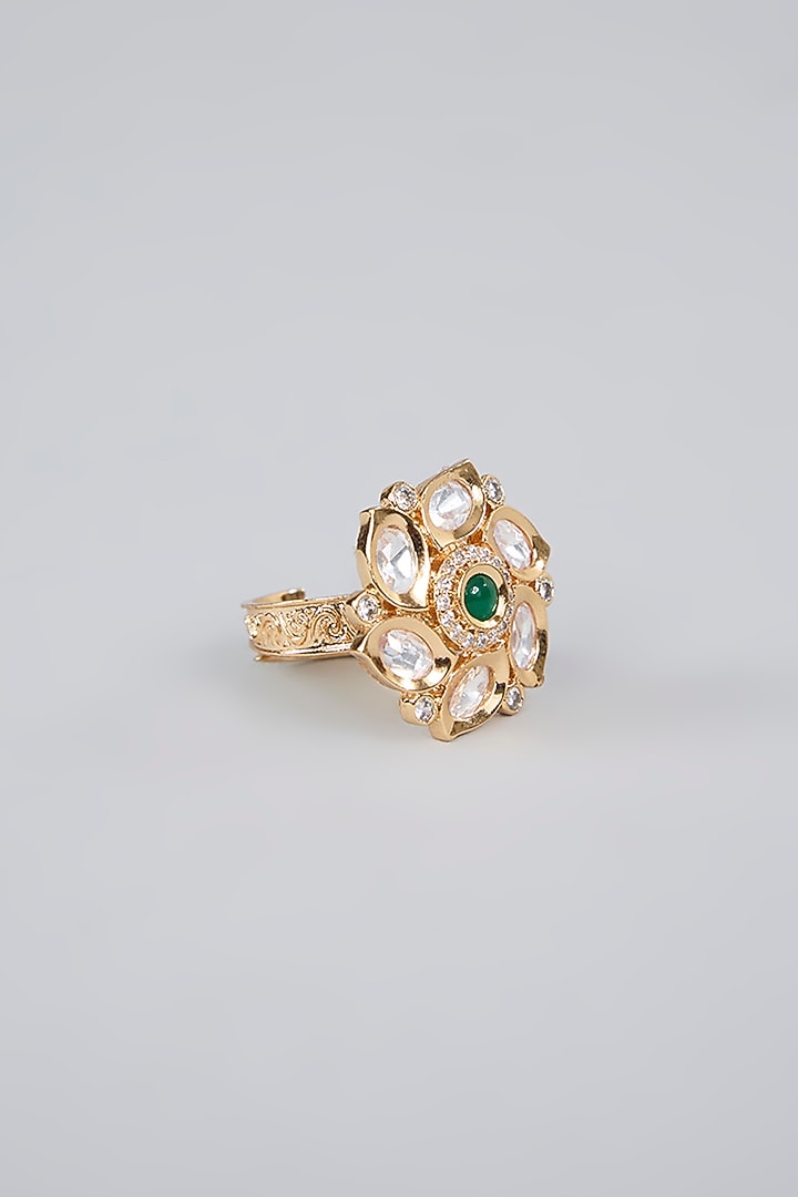 Gold Finish Kundan Polki & Emerald Green Stone Ring by Aura Trends at Pernia's Pop Up Shop