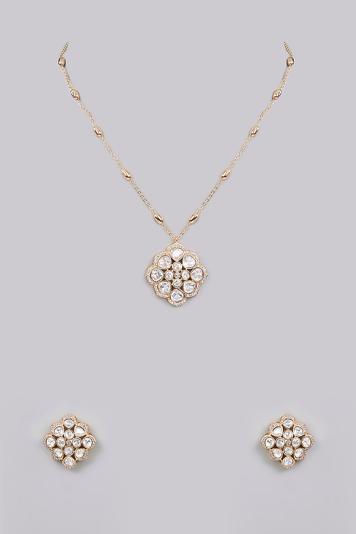 Gold Finish Kundan Polki Floral Pendant Necklace Set by Aura Trends at Pernia's Pop Up Shop