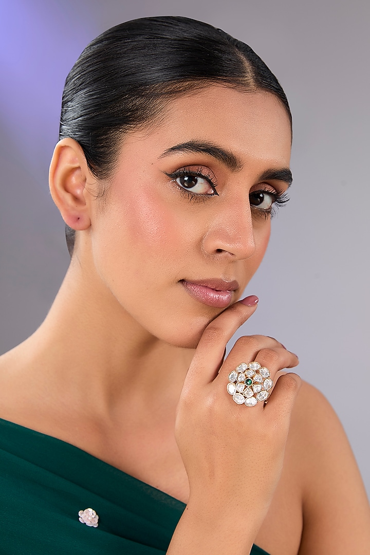 Gold Finish Kundan Polki Floral Ring by Aura Trends at Pernia's Pop Up Shop