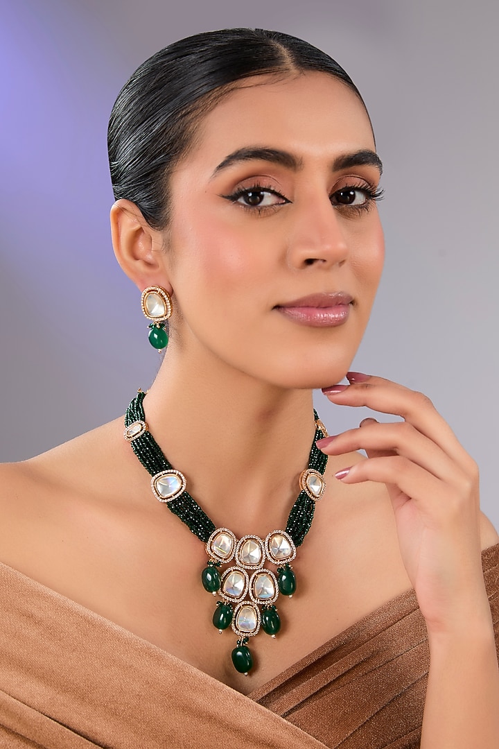 Gold Finish Kundan Polki & Emerald Green Beaded Necklace Set by Aura Trends at Pernia's Pop Up Shop