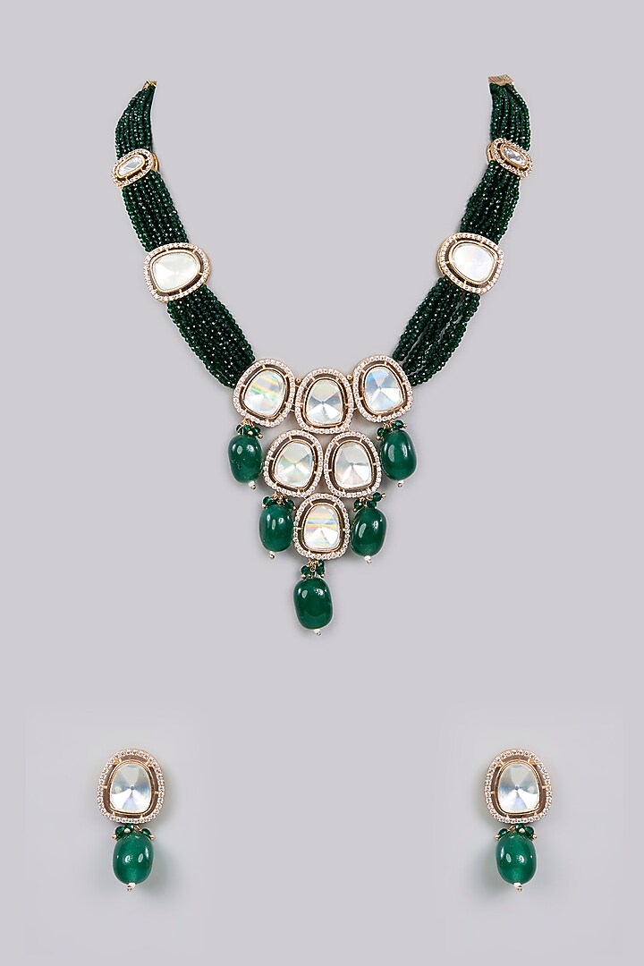 Gold Finish Kundan Polki & Emerald Green Beaded Necklace Set by Aura Trends at Pernia's Pop Up Shop