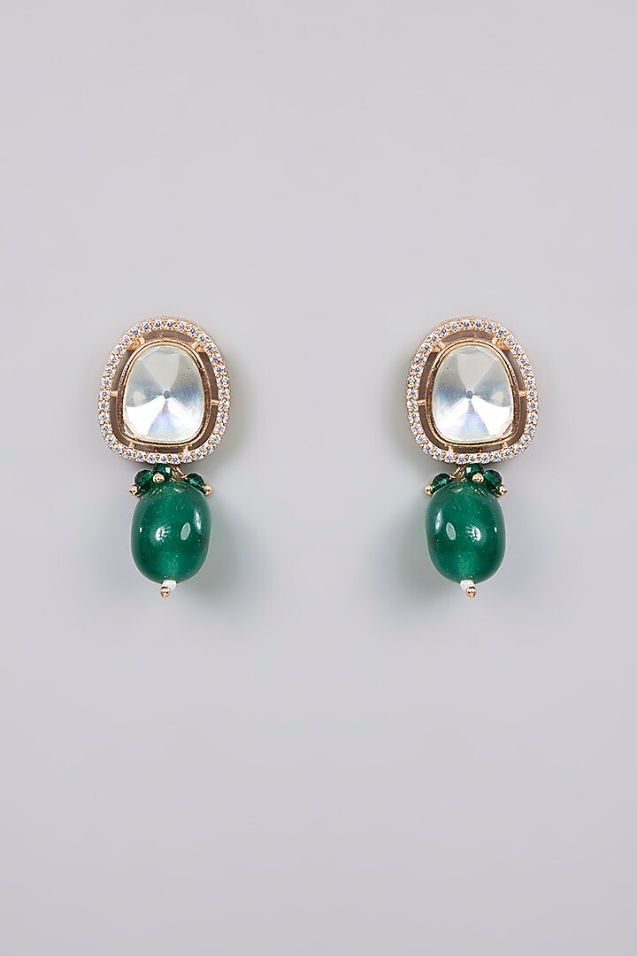 Gold Finish Kundan Polki & Emerald Green Beaded Necklace Set by Aura Trends at Pernia's Pop Up Shop
