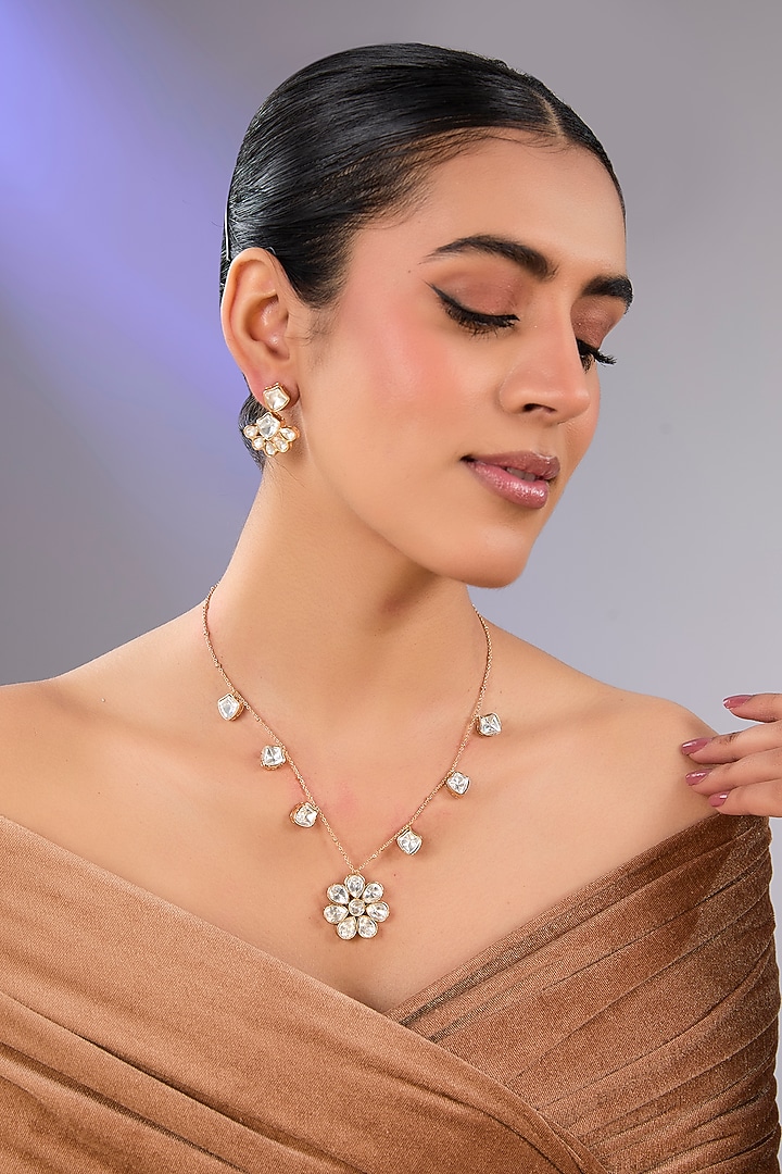 Gold Finish Kundan Polki Pendant Necklace Set by Auraa Trends at Pernia's Pop Up Shop