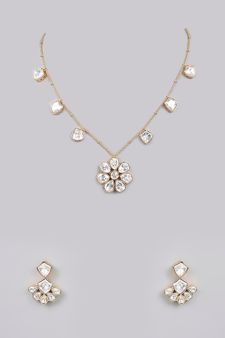 Gold Finish Kundan Polki Pendant Necklace Set by Aura Trends at Pernia's Pop Up Shop