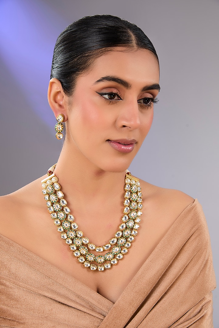 Gold Finish Uncut Kundan Polki Layered Necklace Set by Aura Trends at Pernia's Pop Up Shop