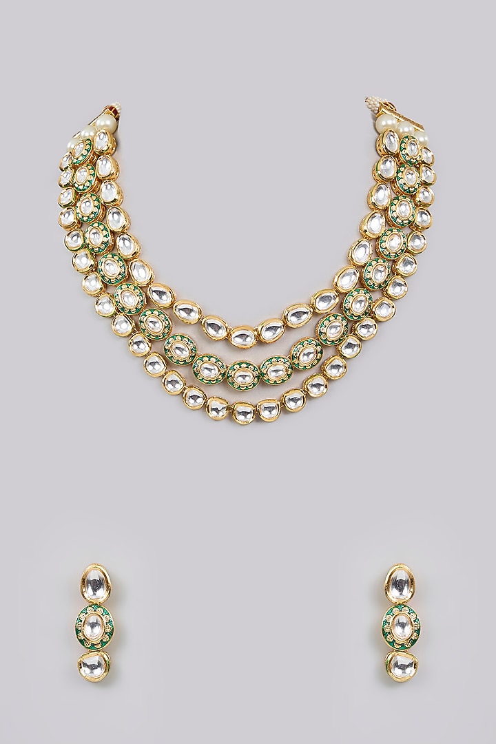 Gold Finish Uncut Kundan Polki Layered Necklace Set by Aura Trends at Pernia's Pop Up Shop