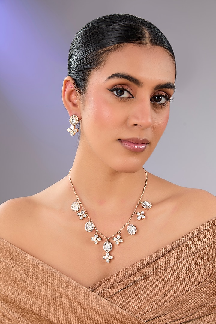 Gold Finish Kundan Polki & Pearl Floral Necklace Set by Aura Trends at Pernia's Pop Up Shop