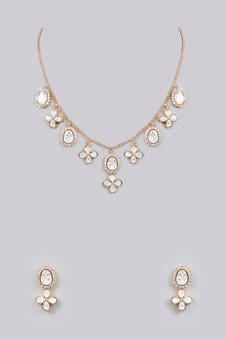 Gold Finish Kundan Polki & Pearl Floral Necklace Set by Aura Trends at Pernia's Pop Up Shop