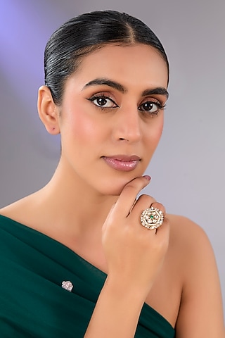 Gold Finish Gemstone Floral Ring by Aura Trends