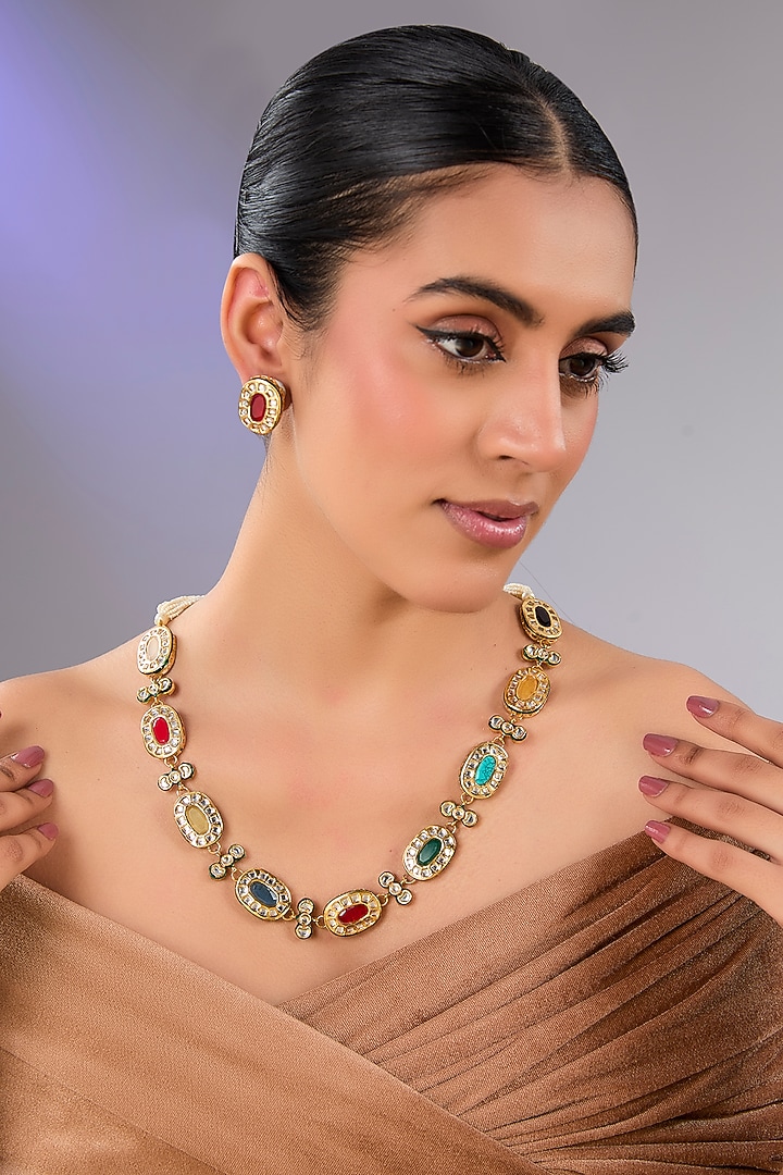 Gold Finish Multi-Colored Gemstone Necklace Set by Aura Trends at Pernia's Pop Up Shop