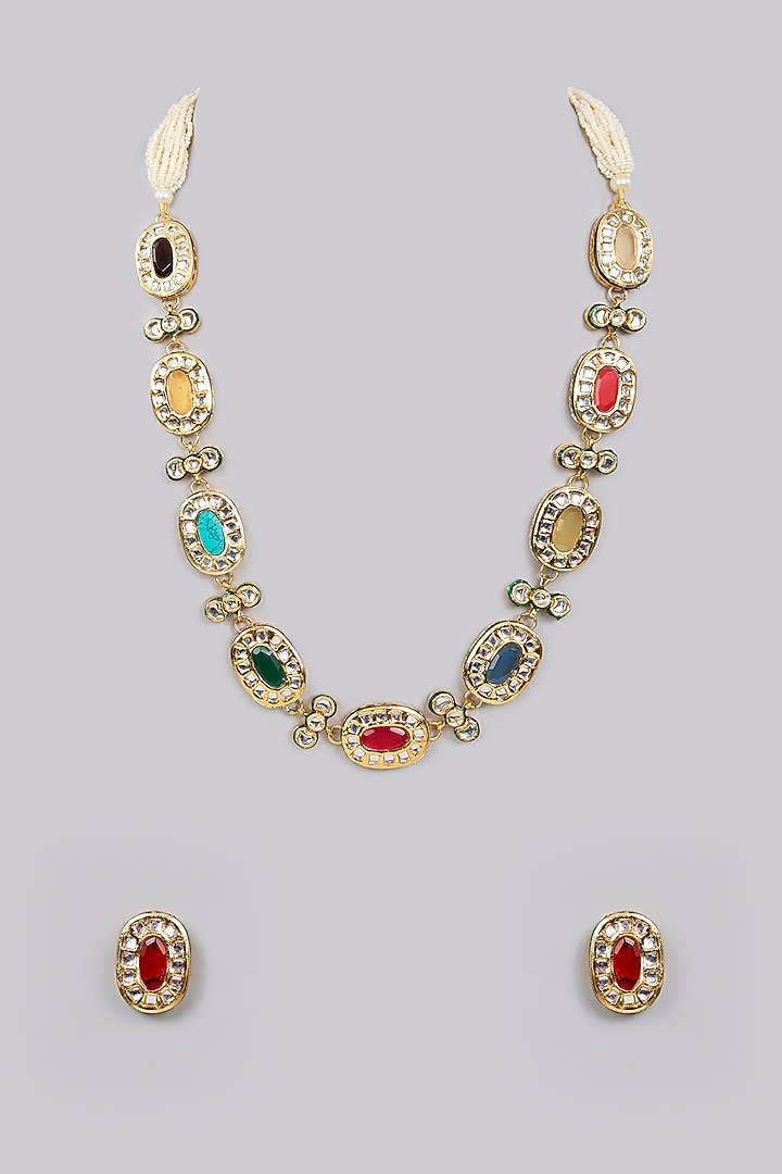 Gold Finish Multi-Colored Gemstone Necklace Set by Aura Trends at Pernia's Pop Up Shop