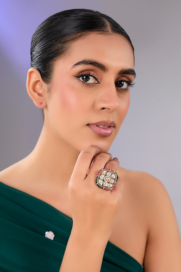Gold Finish Beaded & Stone Ring by Aura Trends at Pernia's Pop Up Shop