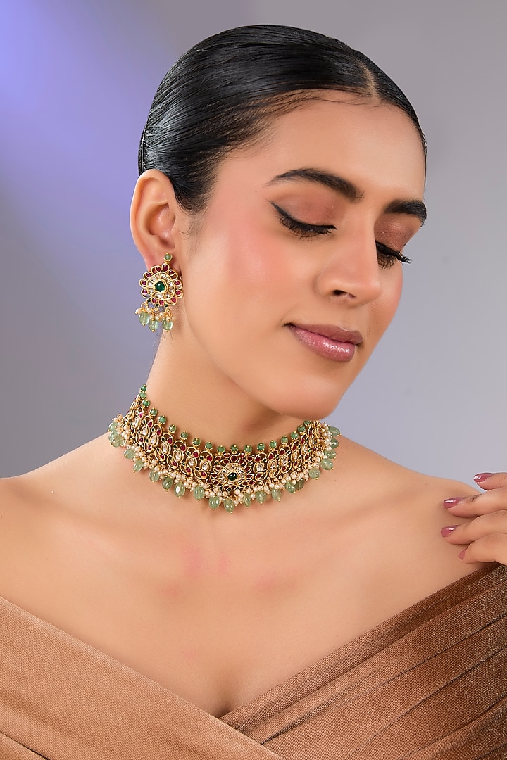 Gold Finish Kundan Polki Choker Necklace Set by Aura Trends at Pernia's Pop Up Shop