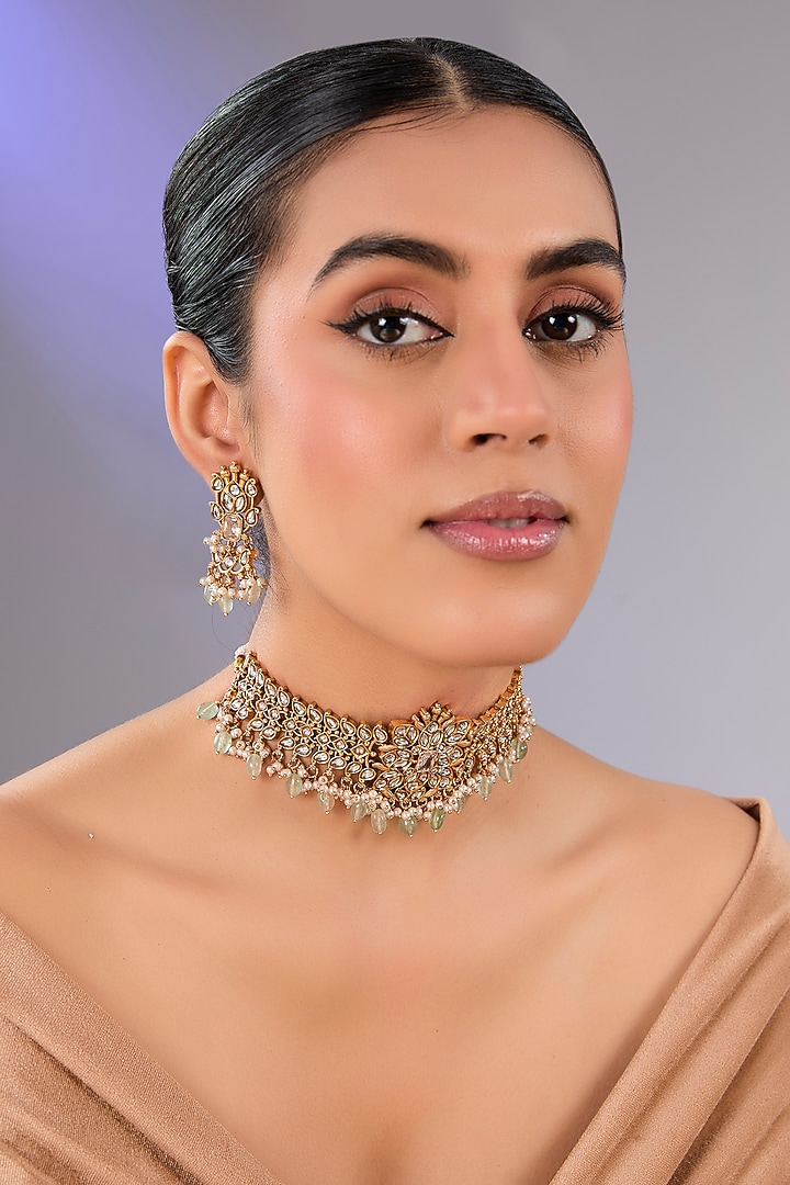 Gold Finish Kundan Polki & Pearl Choker Necklace Set by Aura Trends at Pernia's Pop Up Shop