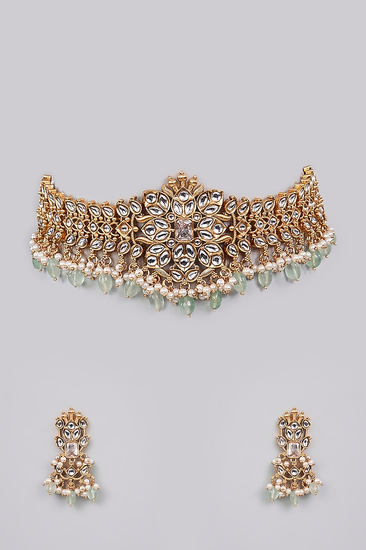 Gold Finish Kundan Polki & Pearl Choker Necklace Set by Aura Trends at Pernia's Pop Up Shop