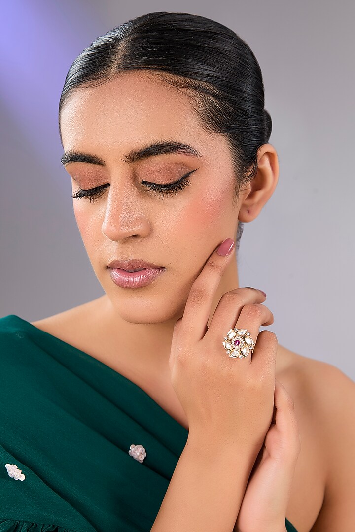 Gold Finish Uncut Kundan Polki Floral Ring by Aura Trends at Pernia's Pop Up Shop