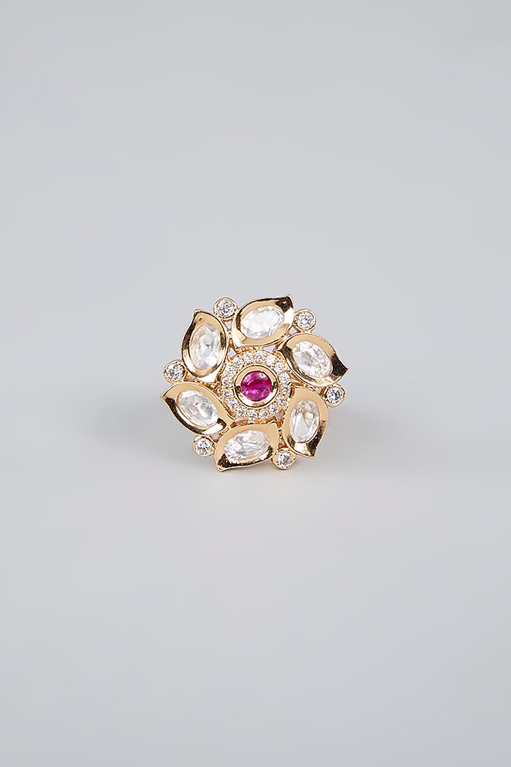 Gold Finish Uncut Kundan Polki Floral Ring by Aura Trends at Pernia's Pop Up Shop