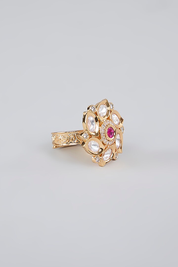 Gold Finish Uncut Kundan Polki Floral Ring by Aura Trends at Pernia's Pop Up Shop