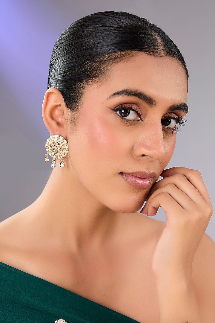 Gold Finish Kundan Polki & Pearl Stud Earrings by Auraa Trends at Pernia's Pop Up Shop