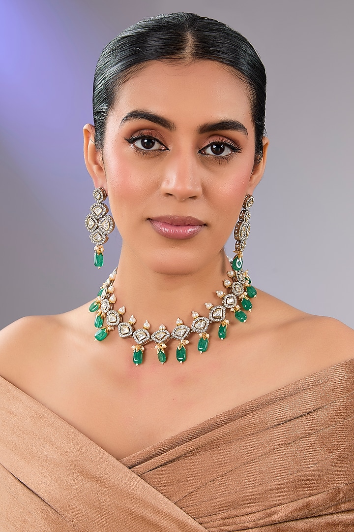 Gold Finish Emerald Stone & Pearl Necklace Set by Aura Trends at Pernia's Pop Up Shop