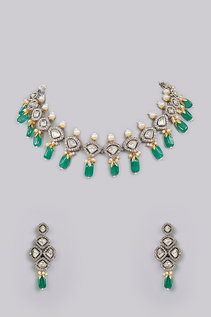 Gold Finish Emerald Stone & Pearl Necklace Set by Aura Trends at Pernia's Pop Up Shop