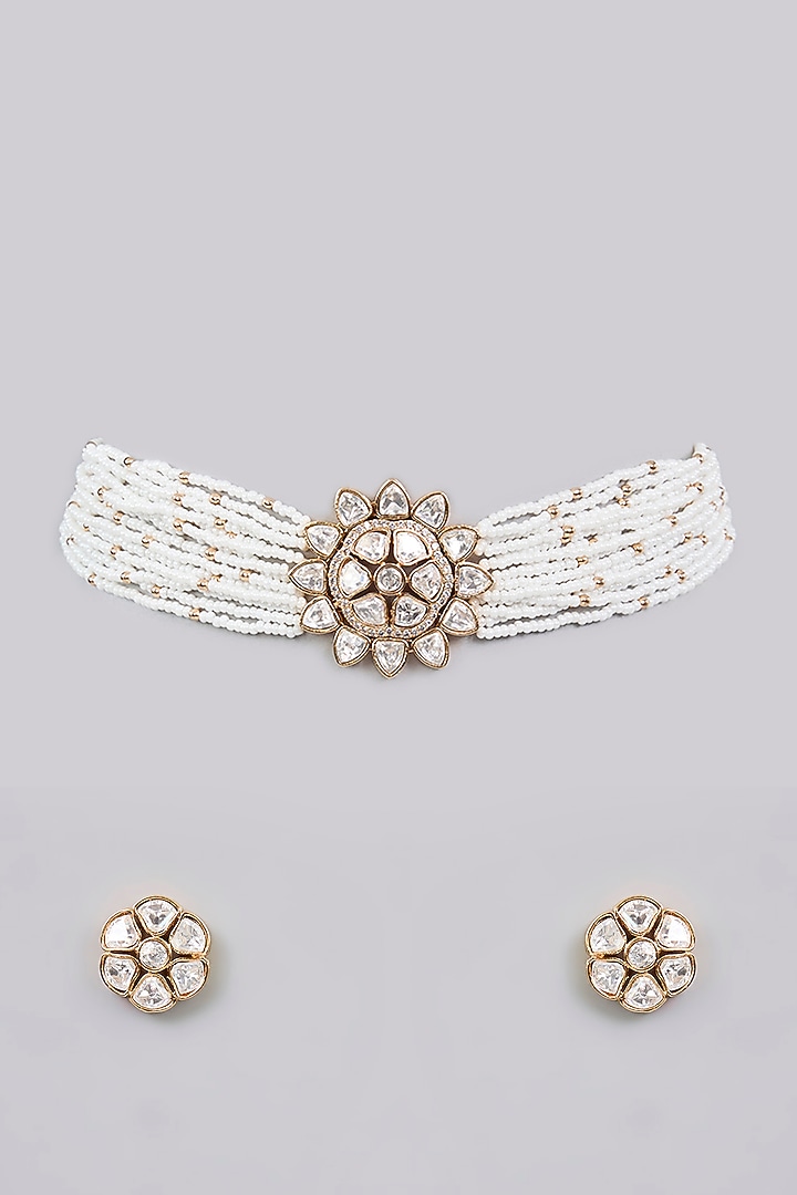 Gold Finish Kundan Polki & Pearl Choker Necklace Set by Aura Trends at Pernia's Pop Up Shop