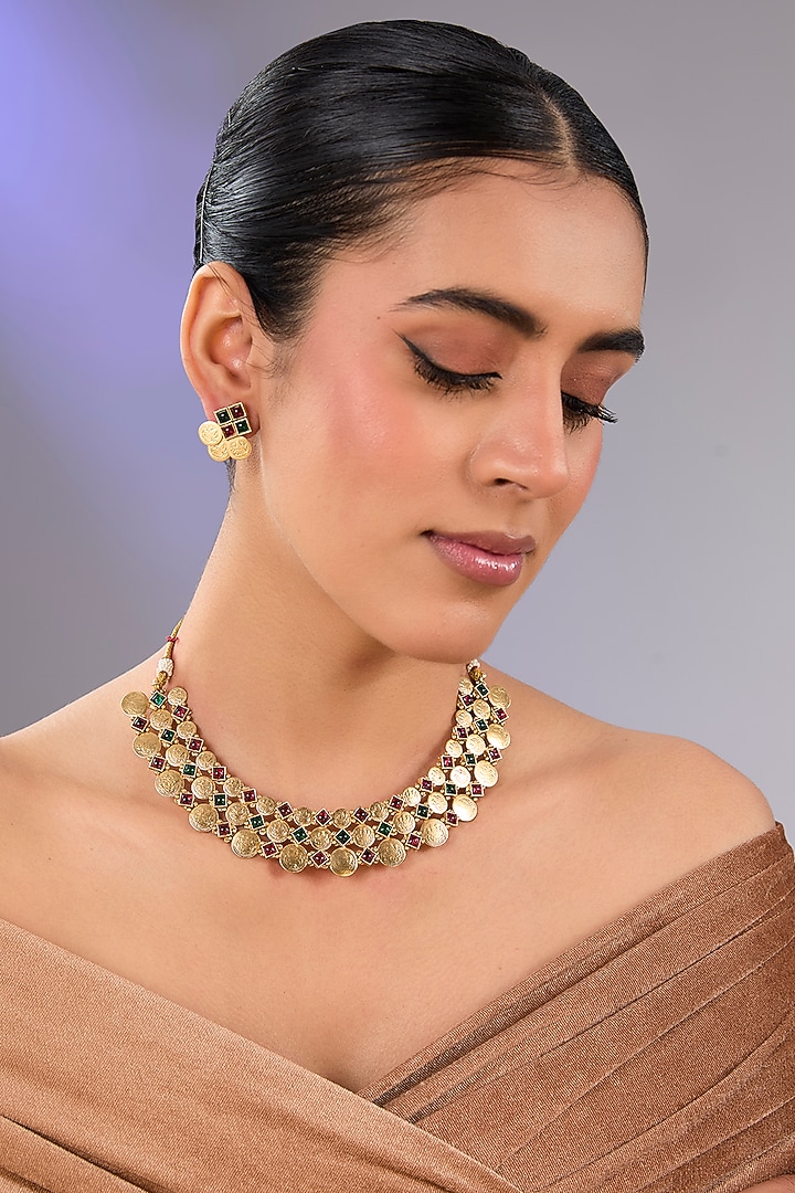 Gold Finish Kundan Polki Necklace Set by Aura Trends at Pernia's Pop Up Shop